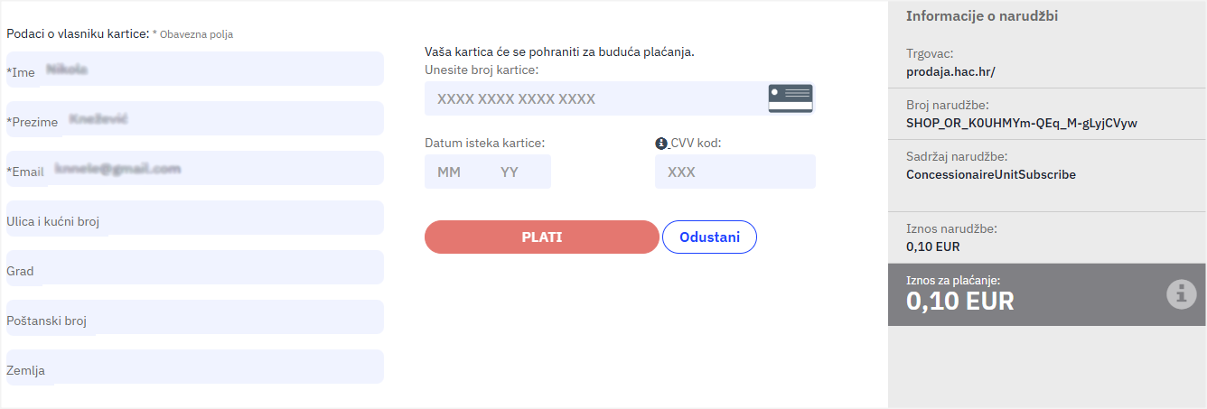 Uputstvo za podešavanje srpskog TAGa za Hrvatsku: unos podataka o platnoj kartici u Hrvatskoj